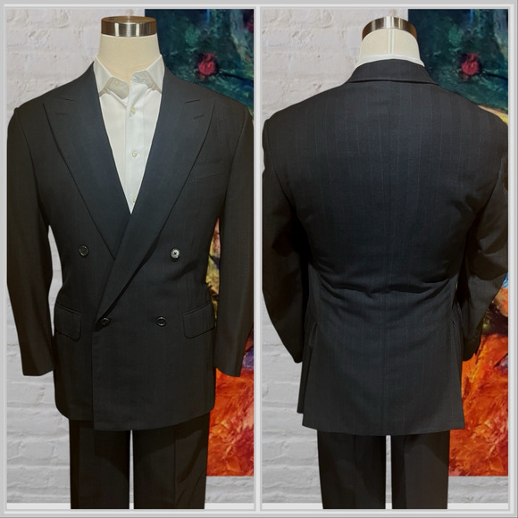 Vtg Ermenegildo Zegna 40R 30x30 Black Subtle Stripe Double Breasted Power Suit - Picture 7 of 16